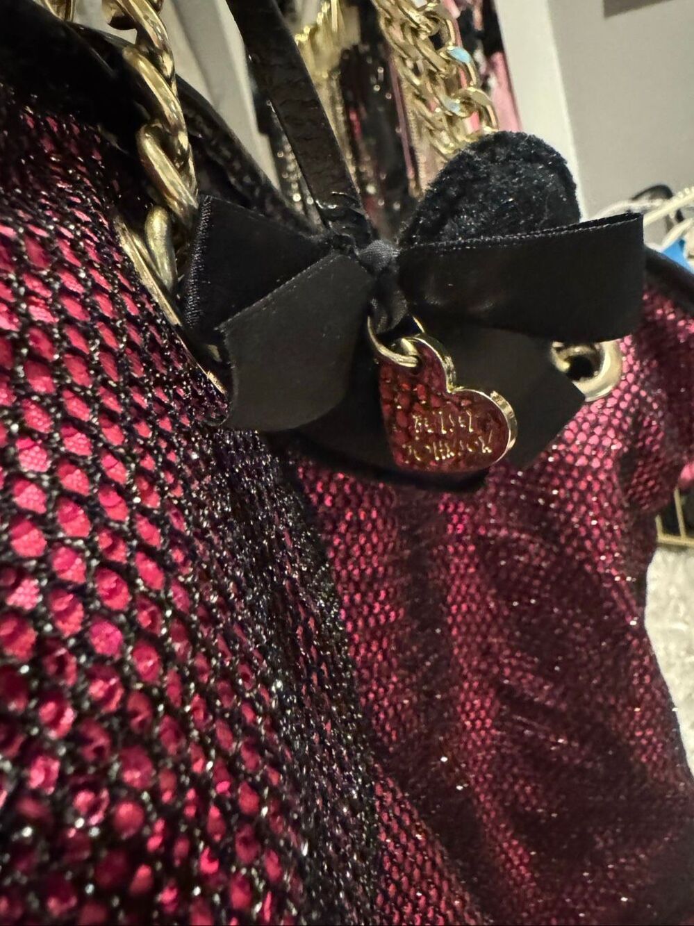 Vintage betsey johnson pink & black sequin fishnet mesh tote bag purse satchel - Picture 6 of 10